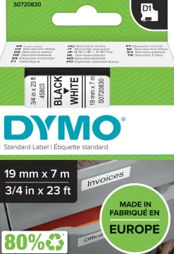 Märkband Dymo D1, plast, svart/vit, 19mm