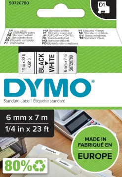 Märkband Dymo D1, plast, svart/vit, 6mm