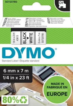 Märkband Dymo D1, plast, svart/vit, 6mm