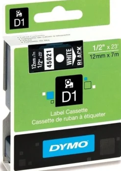 Märkband Dymo D1, plast, vit/svart, 12mm