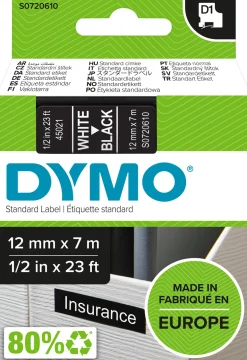 Märkband Dymo D1, plast, vit/svart, 12mm