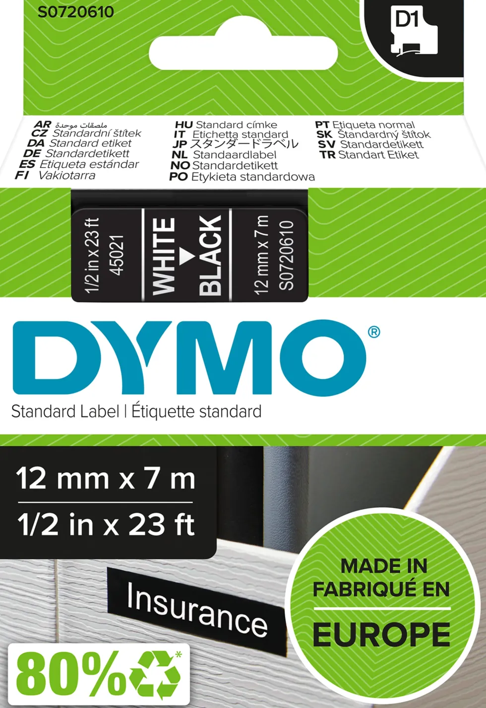 Märkband Dymo D1, plast, vit/svart, 12mm