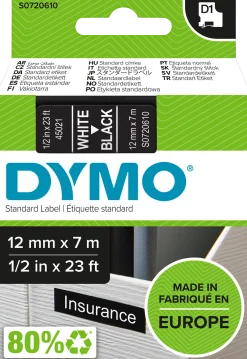 Märkband Dymo D1, plast, vit/svart, 12mm