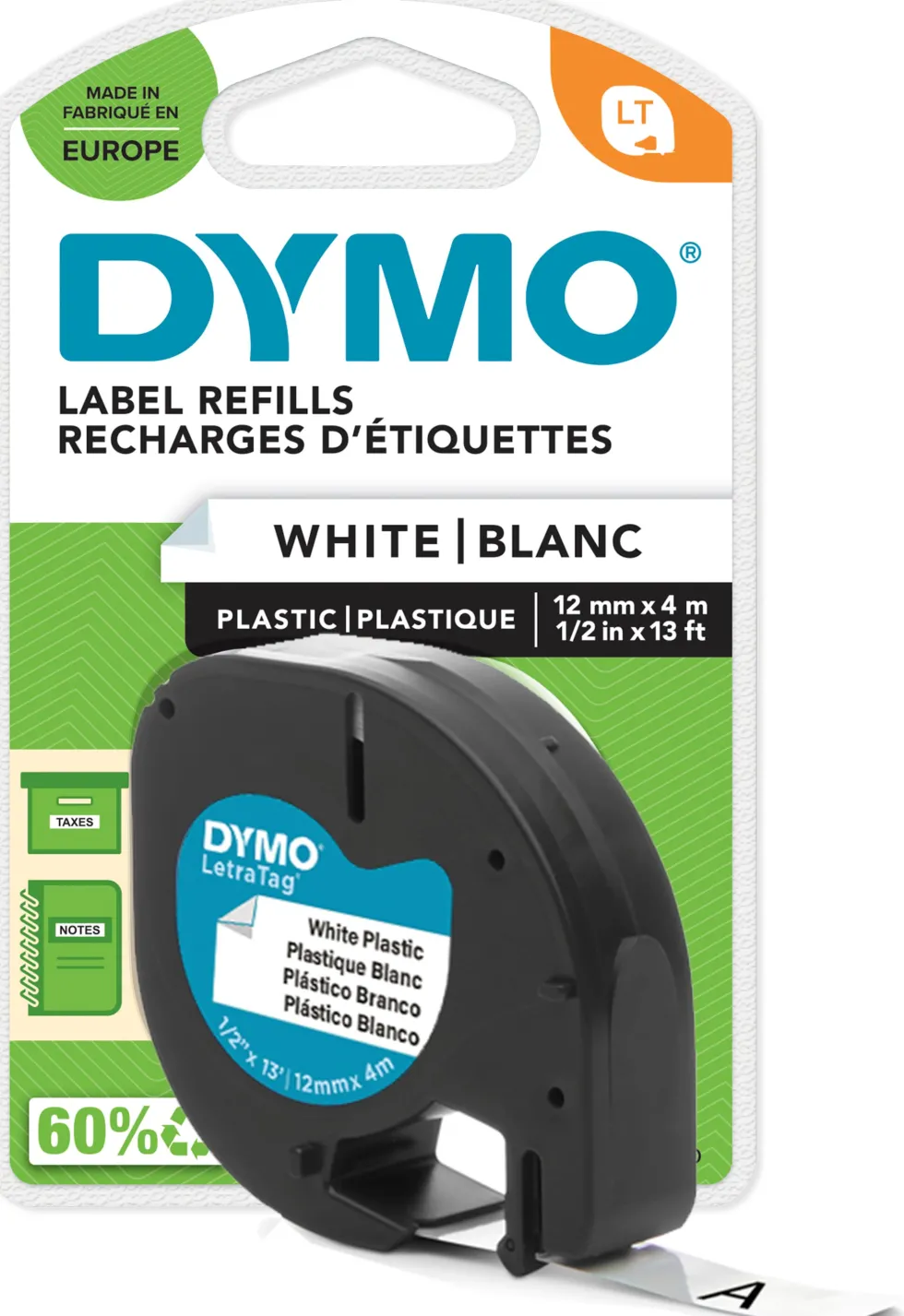 Märkband Dymo LetraTag, plast, svart/vit, 12mm