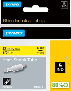 Märkband Dymo Rhino Krympslang, svart/gul, 12mm, 5/fp