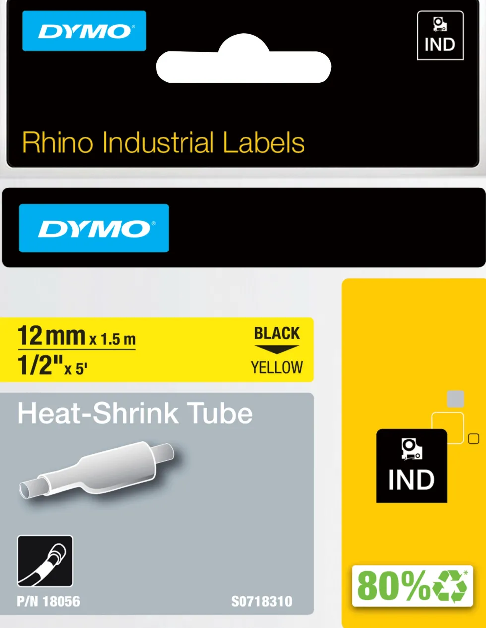 Märkband Dymo Rhino Krympslang, svart/gul, 12mm, 5/fp