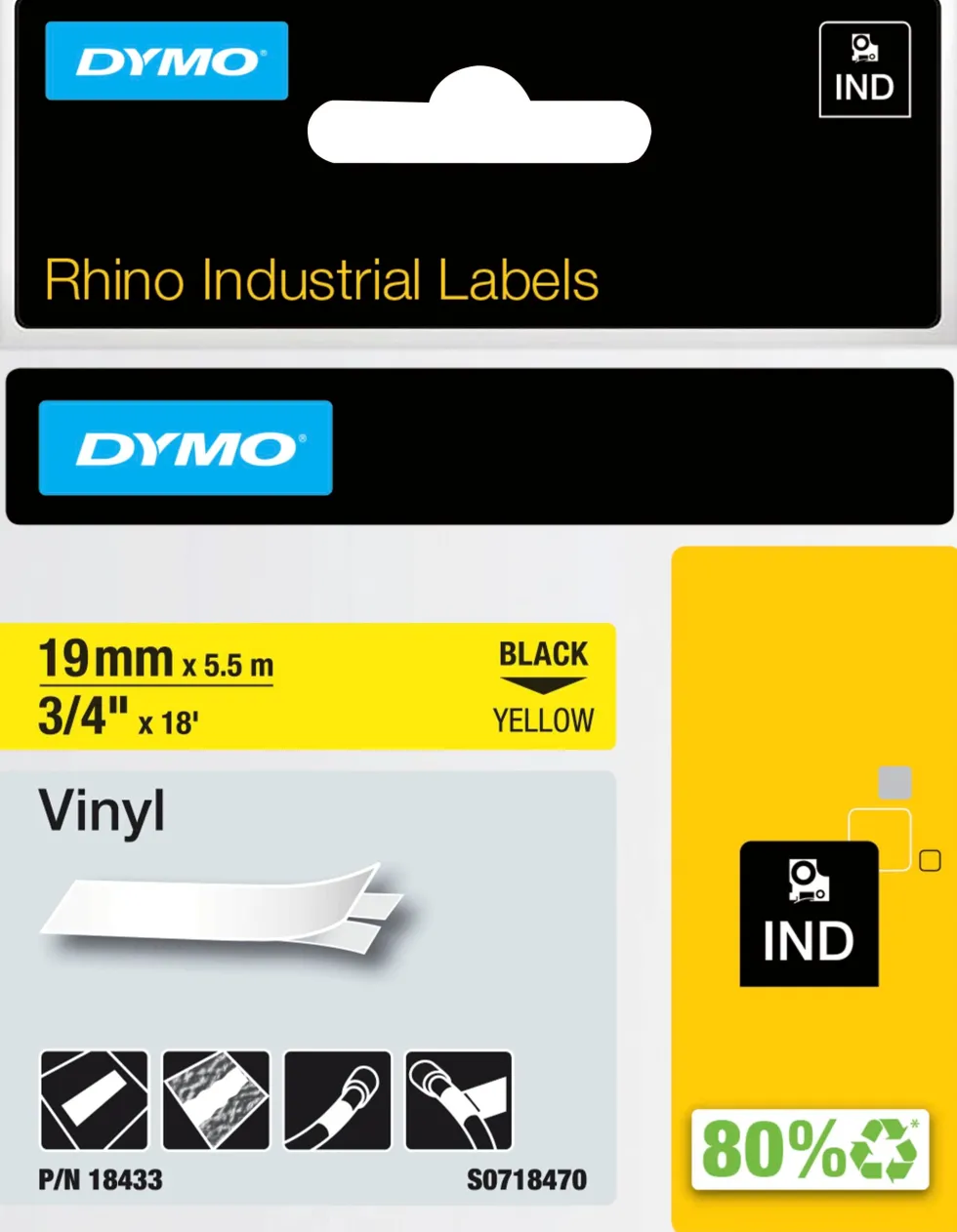 Märkband DYMO Rhino Vinyl, Svart på Gul, 19mm