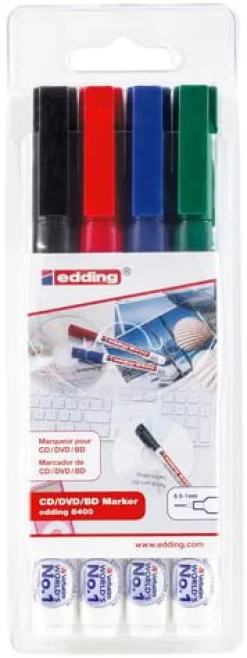 Märkpenna Edding 8400 CD/DVD, 0,5-1mm, 4 färger/fp