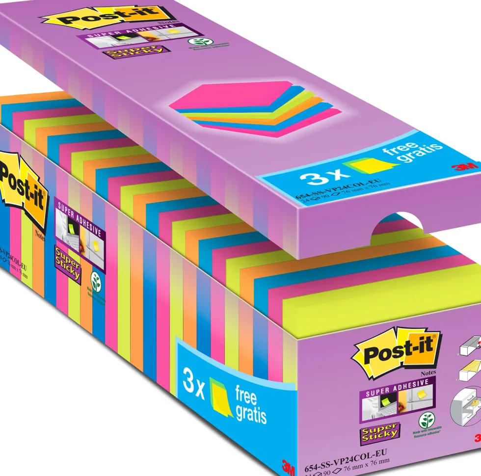 Post-it® Supersticky mix + 3 gratis, 76x76mm, 24/FP