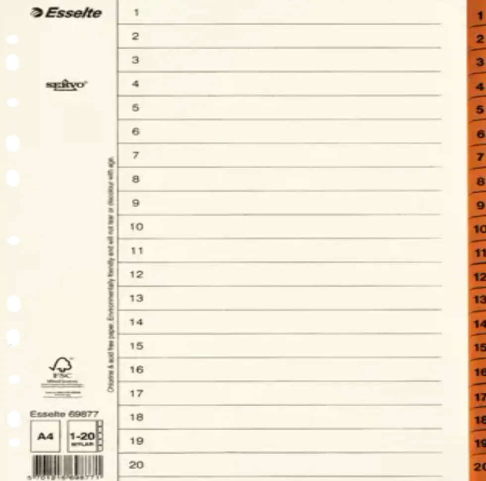 Pärmregister ESSELTE A4 1-20, flikförstärk