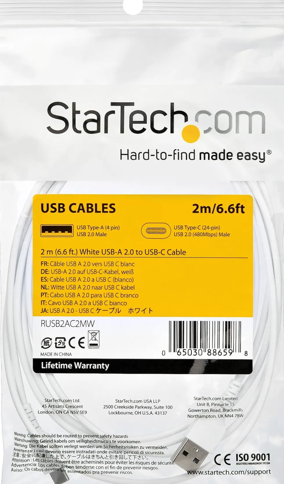 StarTech 2m USB A to USB C Charging Cable, Durable Fast Charge &