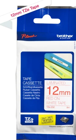 Tape BROTHER TZE232 12mm Röd på Vit