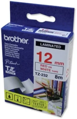 Tape BROTHER TZE232 12mm Röd på Vit