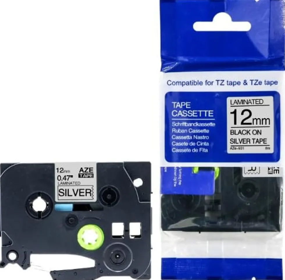 Tape 12mm TZe-931 svart på silver