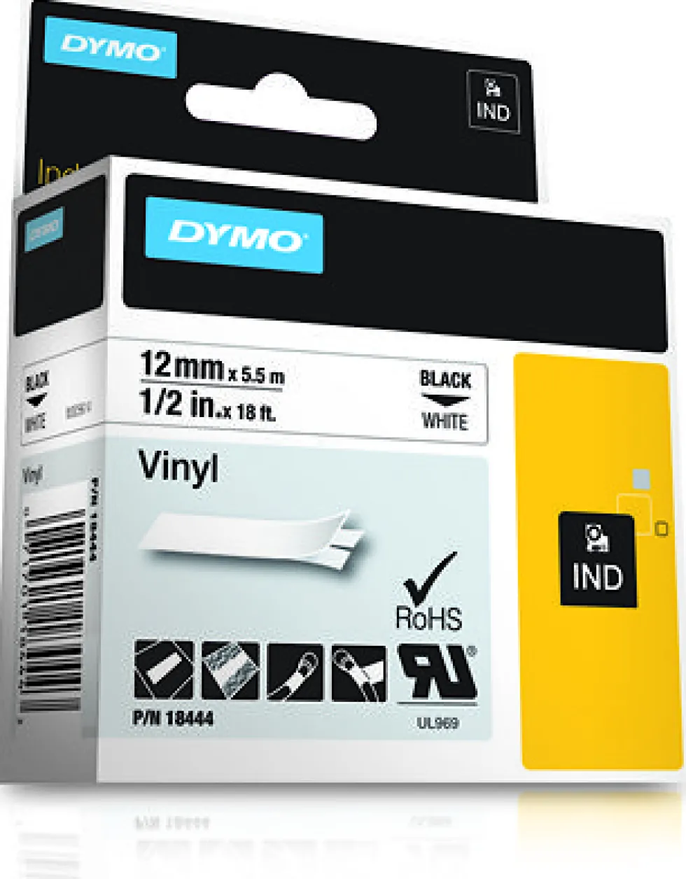 Tape Rhino vinyl 12mm svart på vit