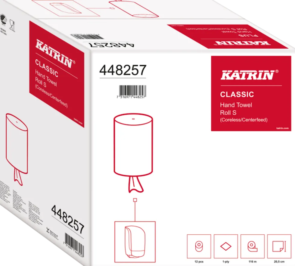 Torkrulle KATRIN Classic S1, centermatad, 1-lag, Ø13cm, 116m/rl, 12rl/FP