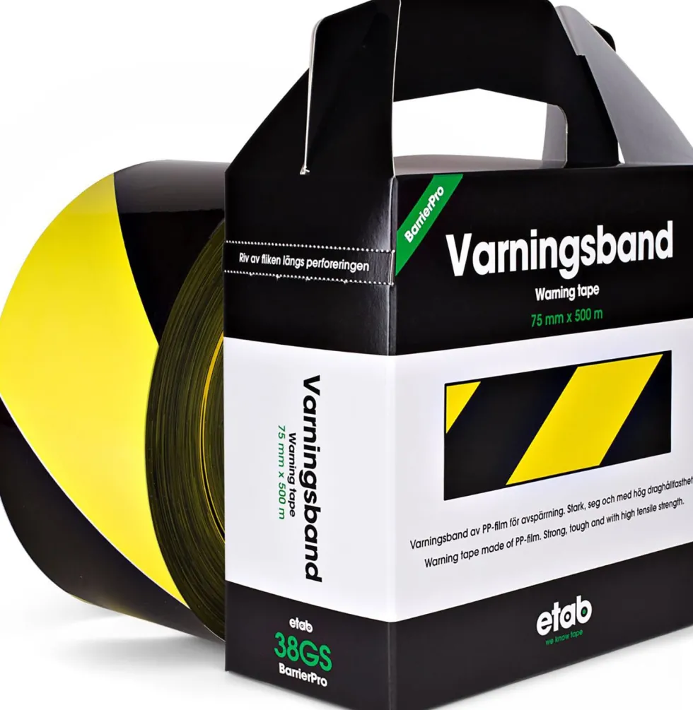 Varningsband 75mmx500m gul/svart