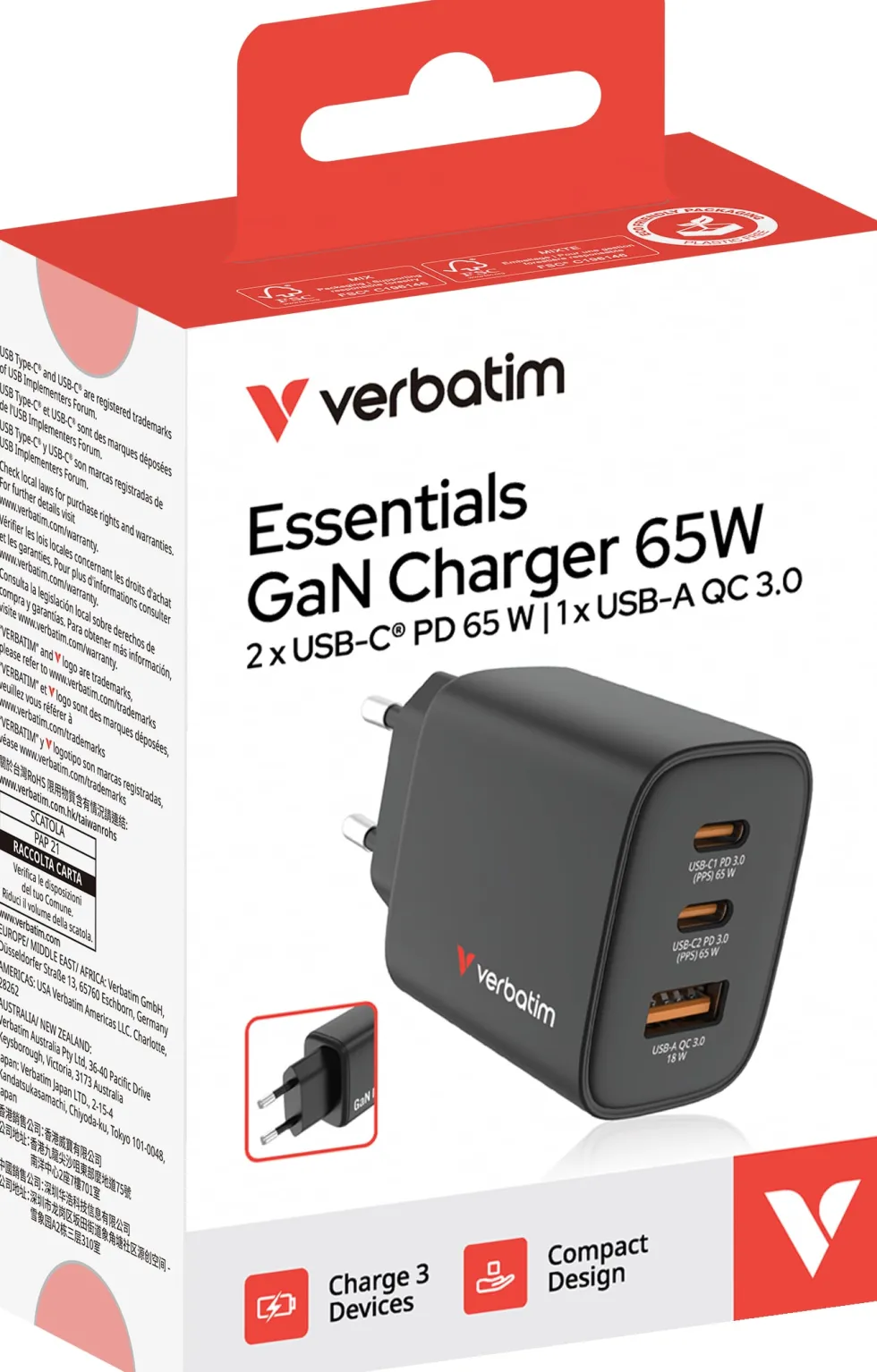 VERBATIM Essentials GaN Charger 65W EU 3-port Black