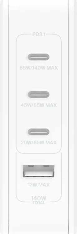 140W 4-ports USB GaN Wall Charger with UK, EU, US plug tips,