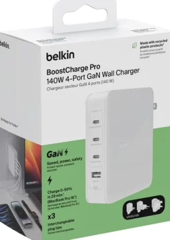 140W 4-ports USB GaN Wall Charger with UK, EU, US plug tips,